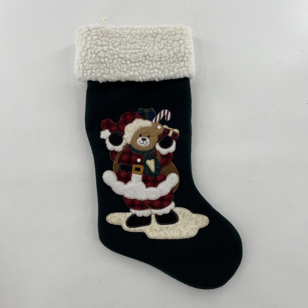 Prima Creations Green Christmas Stocking Teddy Bear Santa‎ Red Plaid Fleece 21"